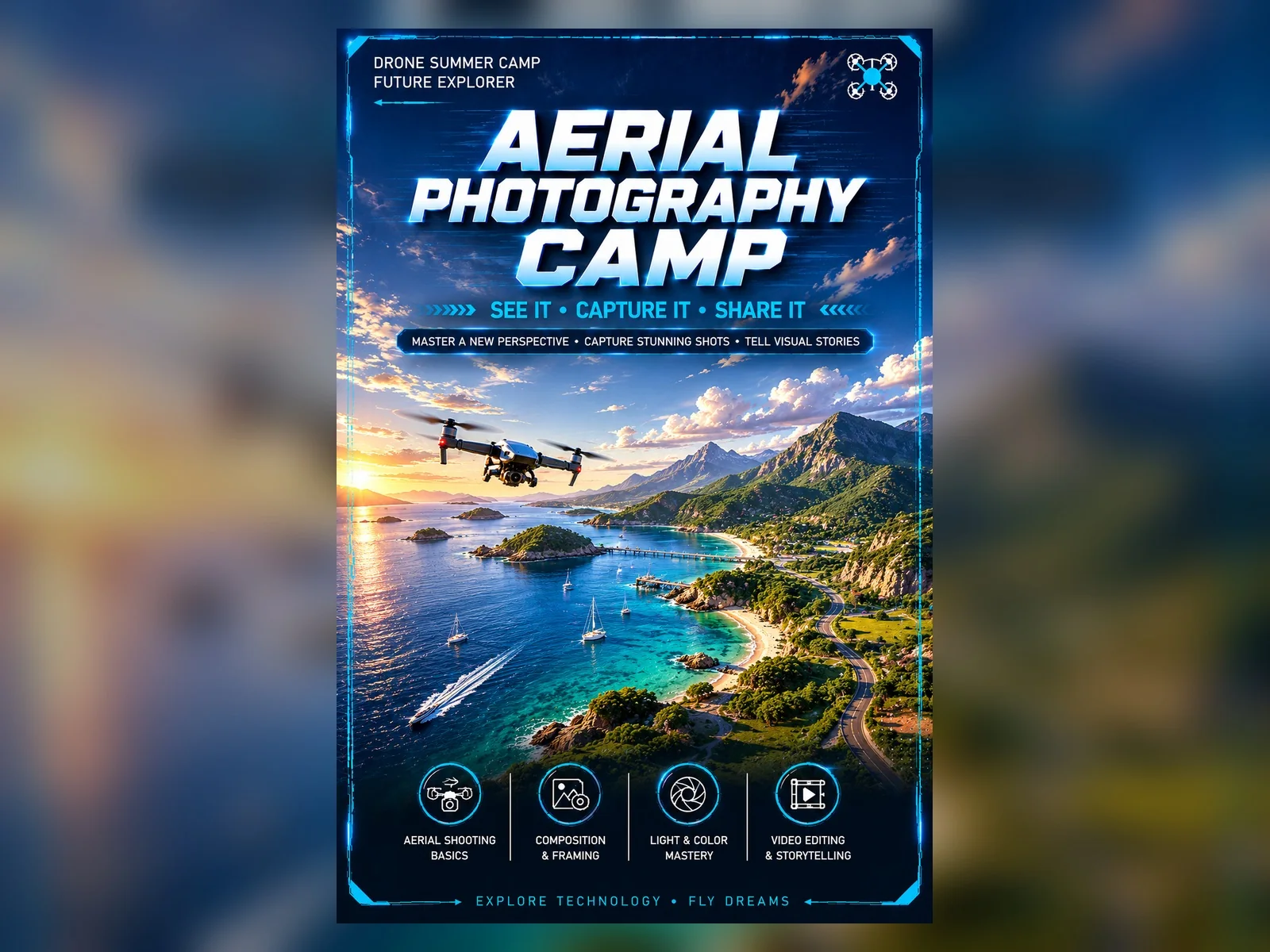 Aerial Photography Camp artwork featuring a camera drone flying above a coastal landscape