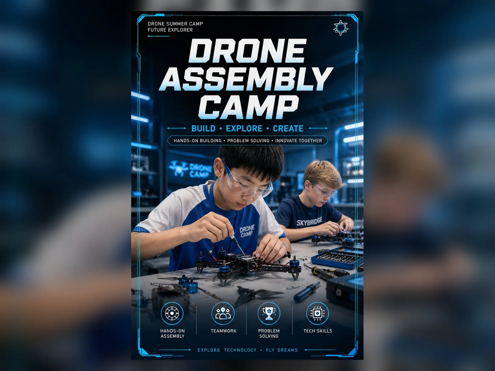 Drone Assembly Camp artwork showing students assembling drone components