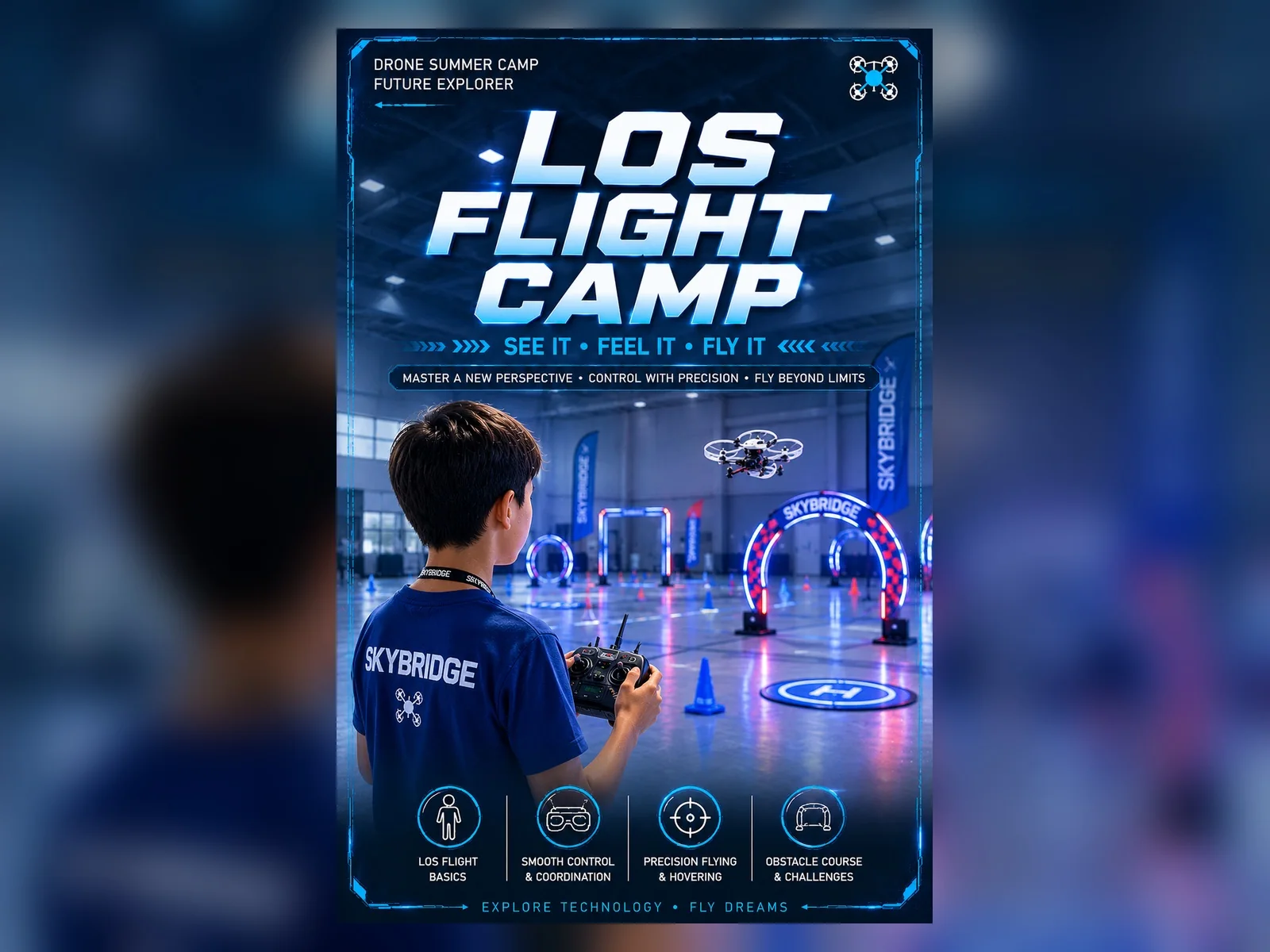 Drone Flight Camp artwork showing a student piloting a drone through an indoor obstacle course