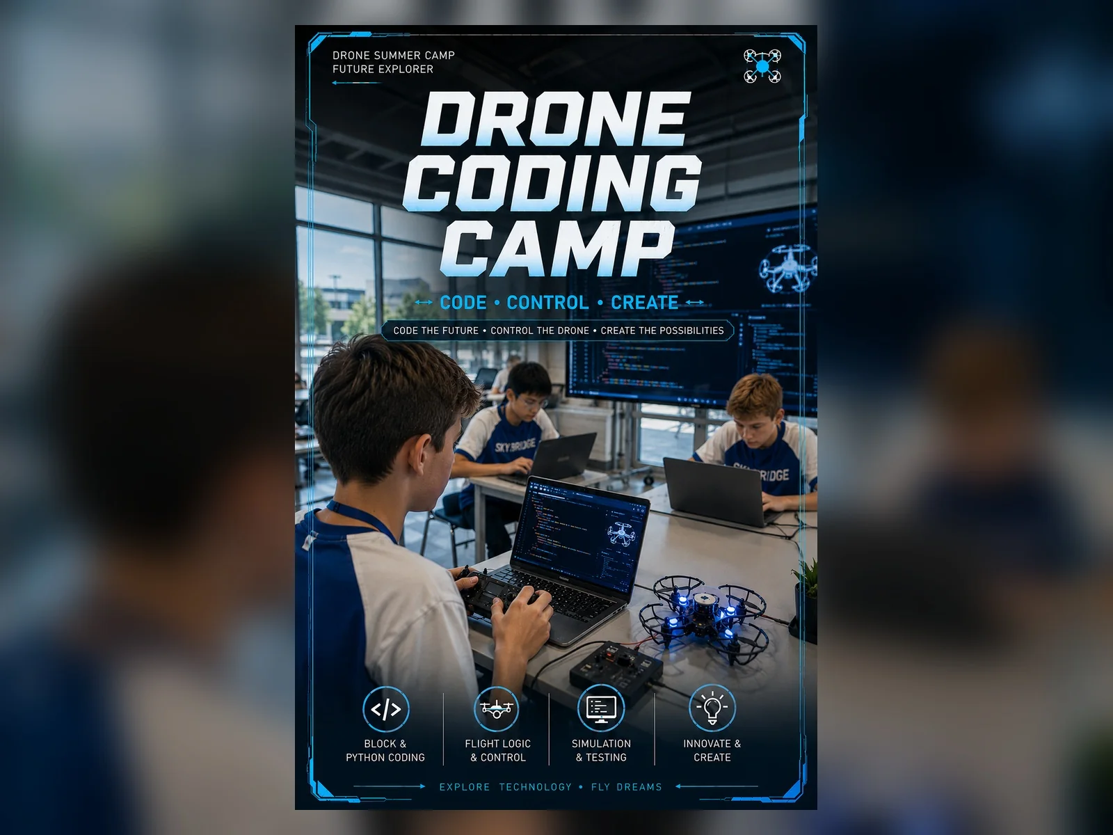 Drone Coding Camp artwork showing students programming a drone with laptop computers