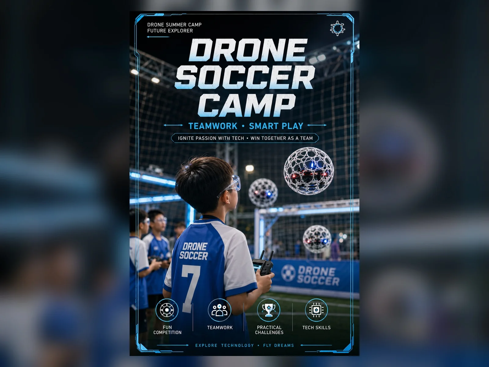 Drone Soccer Camp artwork showing a student piloting protected soccer drones in an arena