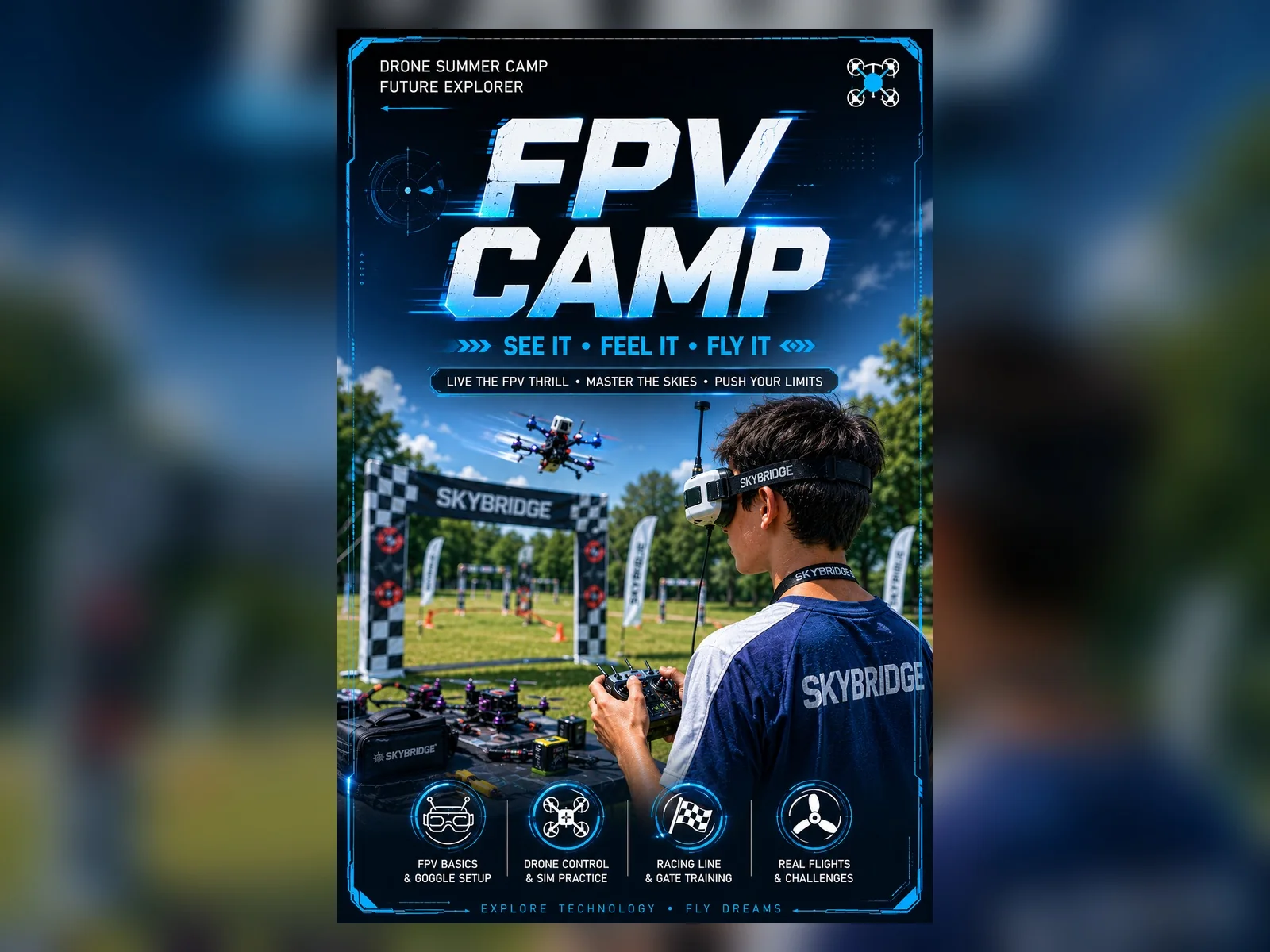 FPV Camp artwork showing a student piloting a racing drone through FPV goggles